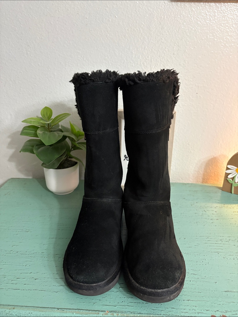 Koolaburra Black Suede Mid-Calf Winter Boots with Faux Fur Cuff